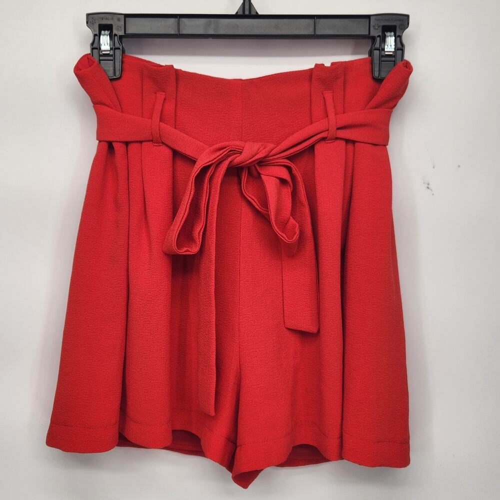 Leith Red‎ Crepe Pleated Paperbag Belted High Rise Shorts Women's M